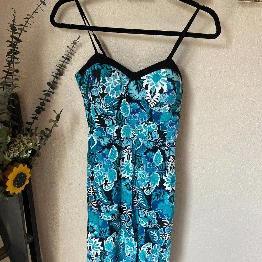 Blue Floral Corset Style Jumpsuit w/ Adjustable Straps & Pockets Xhilaration S - Picture 2 of 8